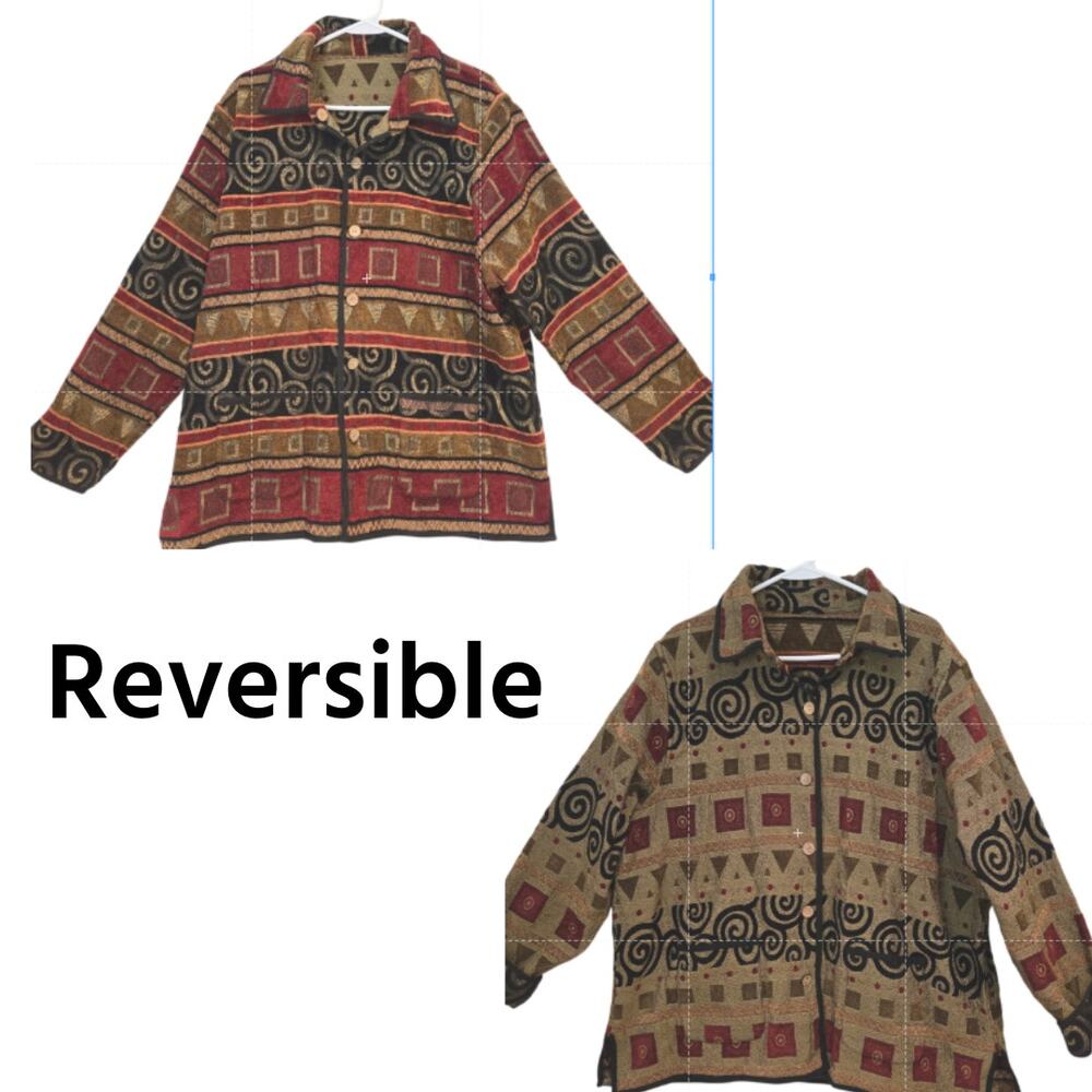 Vintage 2X Tally-Ho REVERSIBLE Geometric Art Tapestry Button-up Collared Jacket - Picture 2 of 14